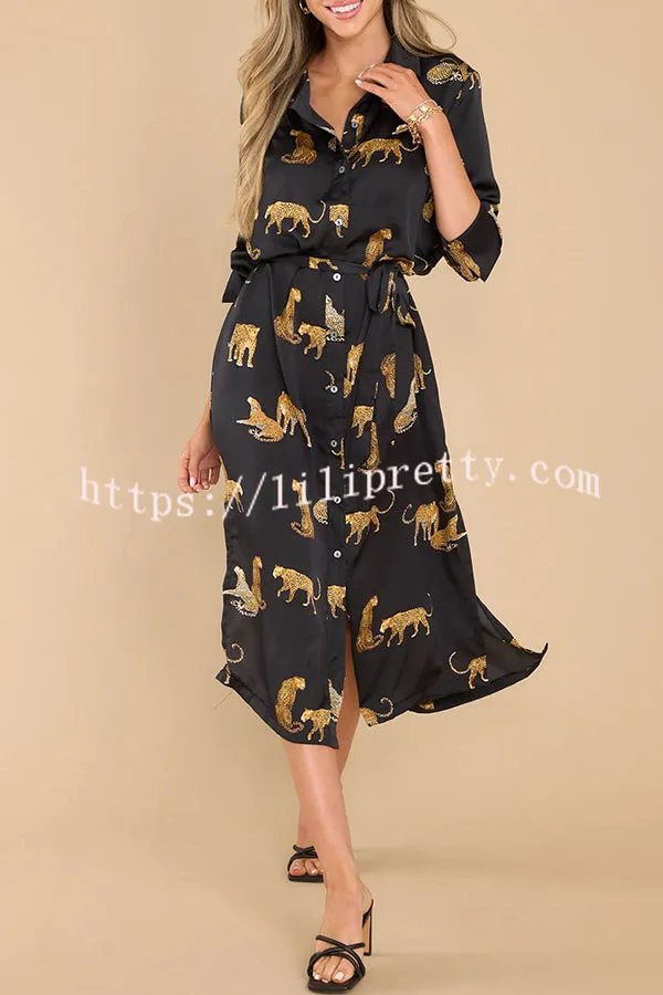 Going Wild Satin Leopard Print Button Down Long Sleeve Midi Dress