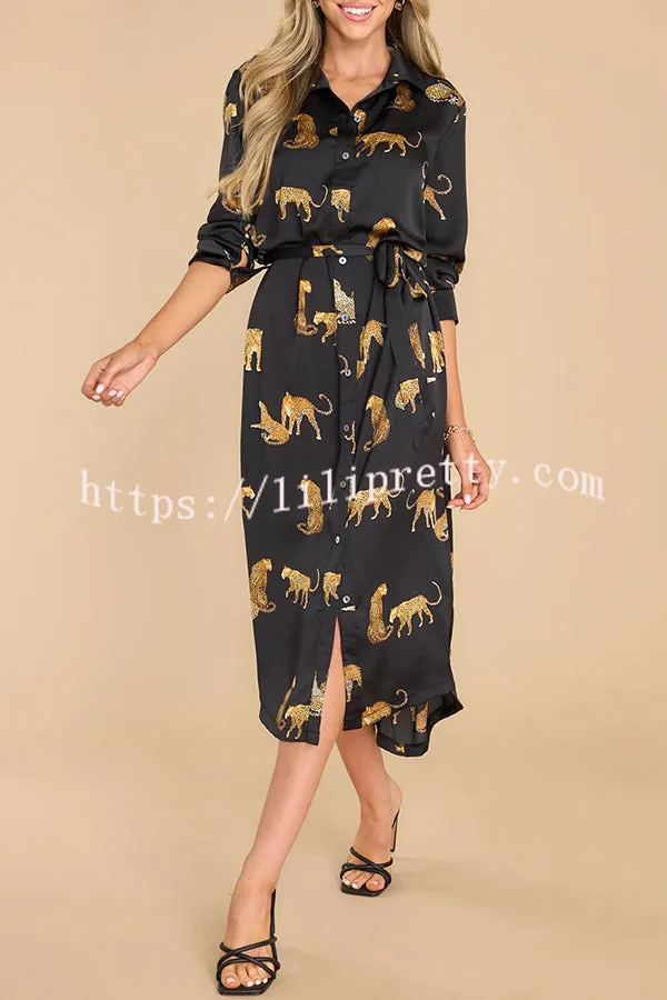 Going Wild Satin Leopard Print Button Down Long Sleeve Midi Dress