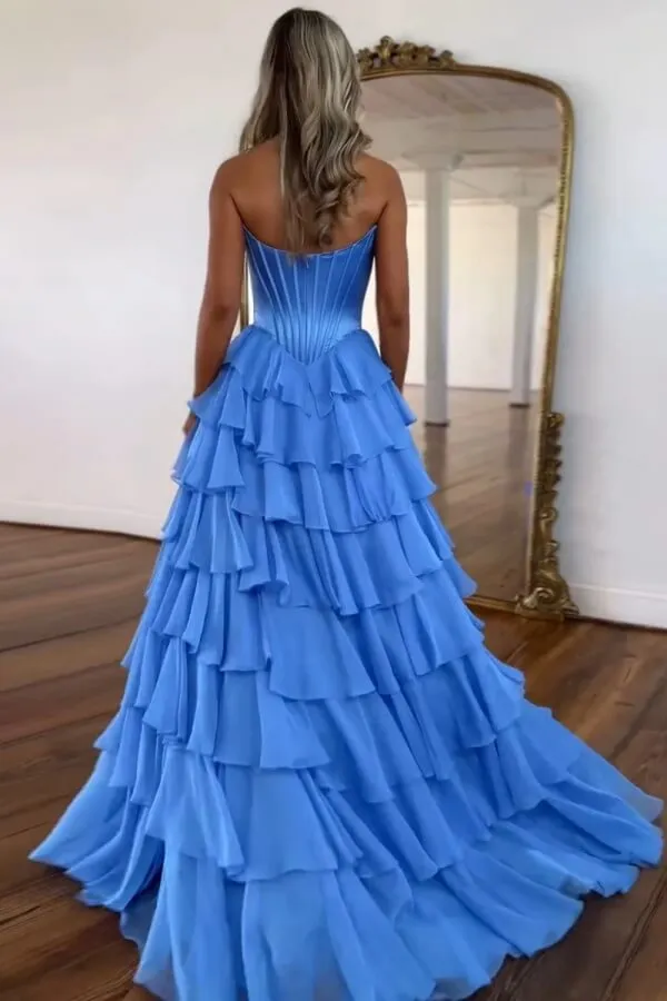 Gorgeous Blue Chiffon A-line Sweetheart Tiered Long Prom Dresses, SLP038