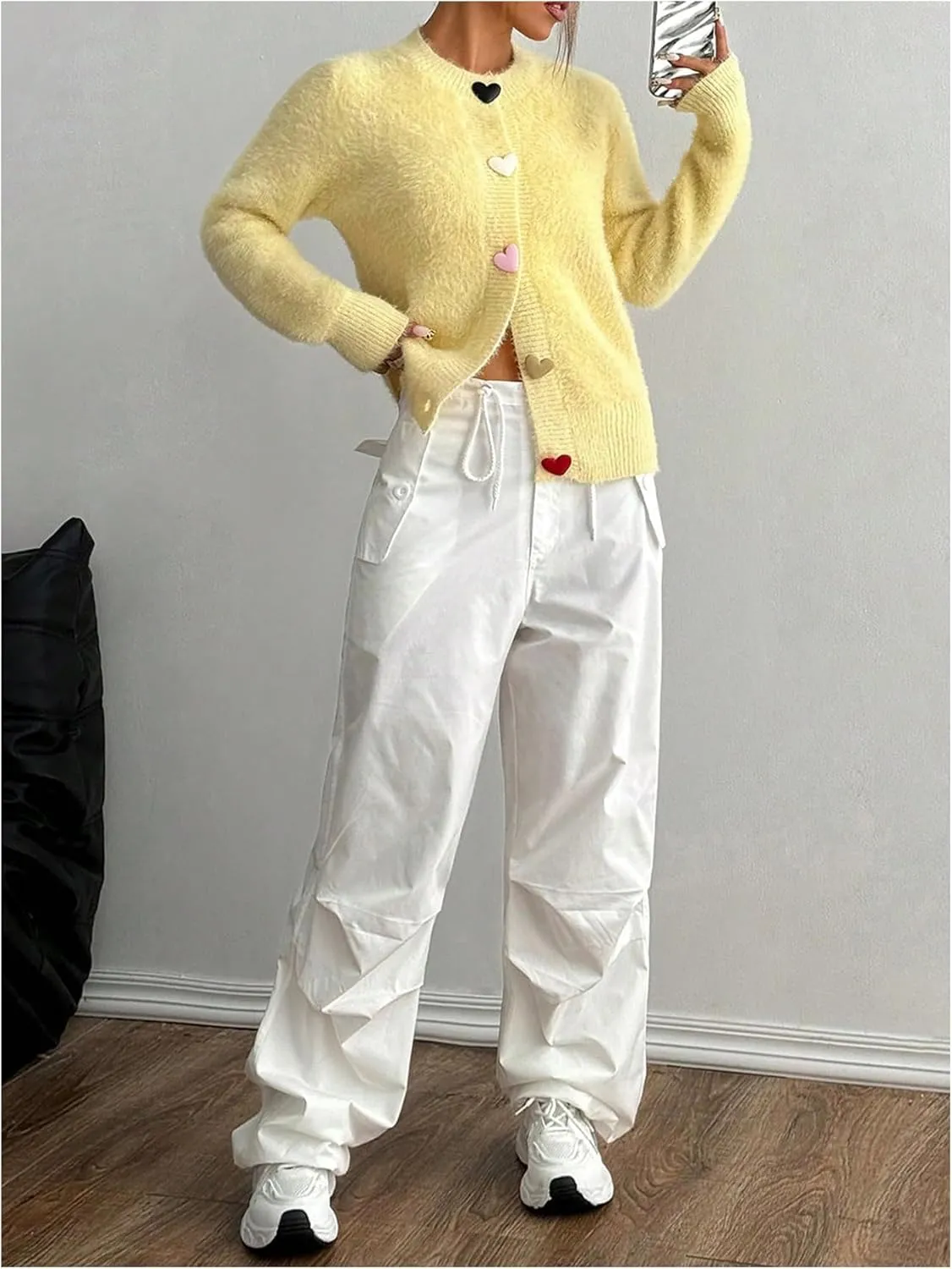 GORGLITTER Women's Heart Cardigan Fuzzy Long Sleeve Button Down Open Front Sweater Knitwear Top