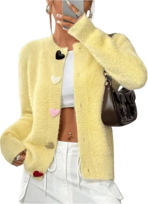 GORGLITTER Women's Heart Cardigan Fuzzy Long Sleeve Button Down Open Front Sweater Knitwear Top