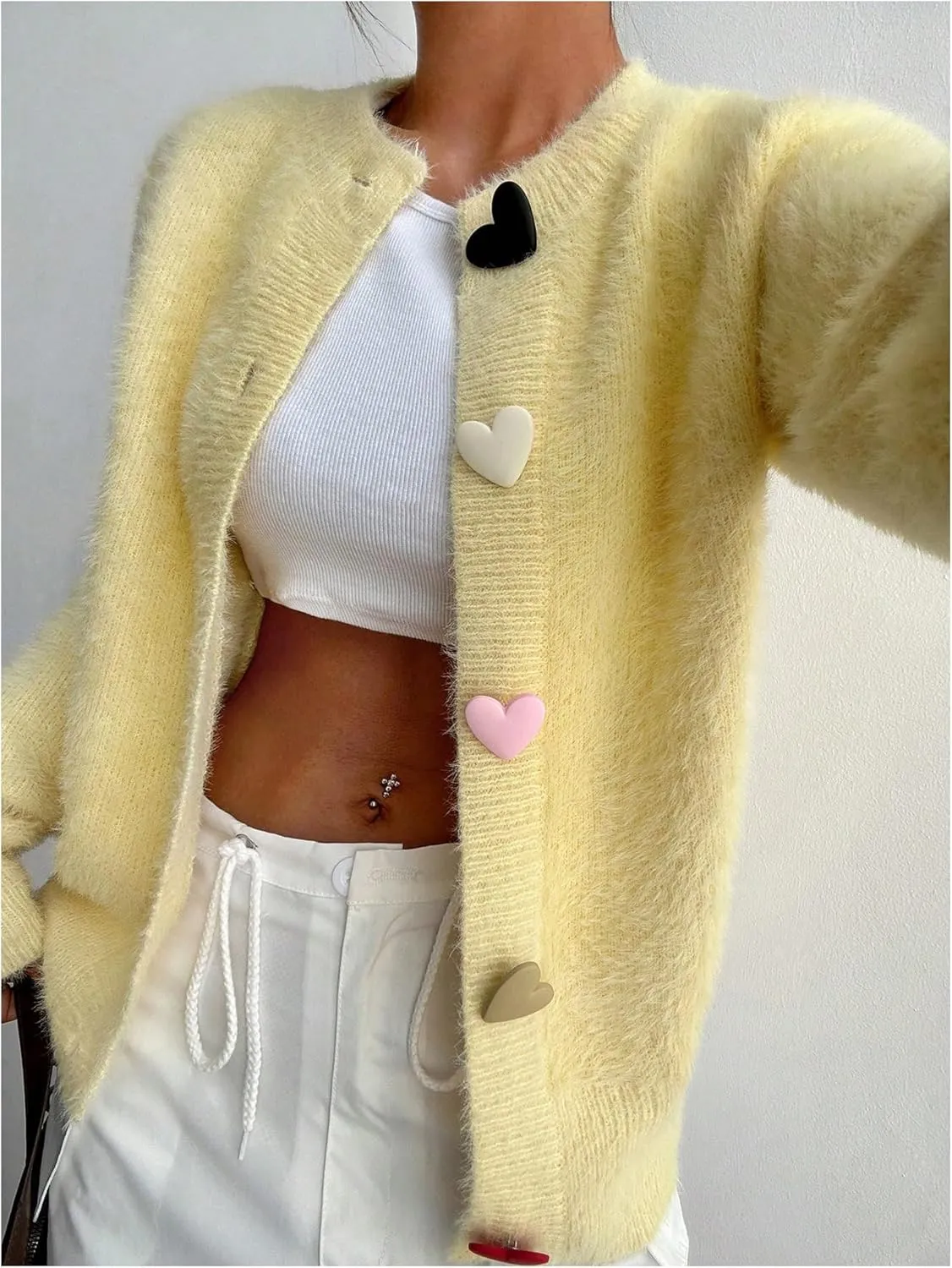 GORGLITTER Women's Heart Cardigan Fuzzy Long Sleeve Button Down Open Front Sweater Knitwear Top