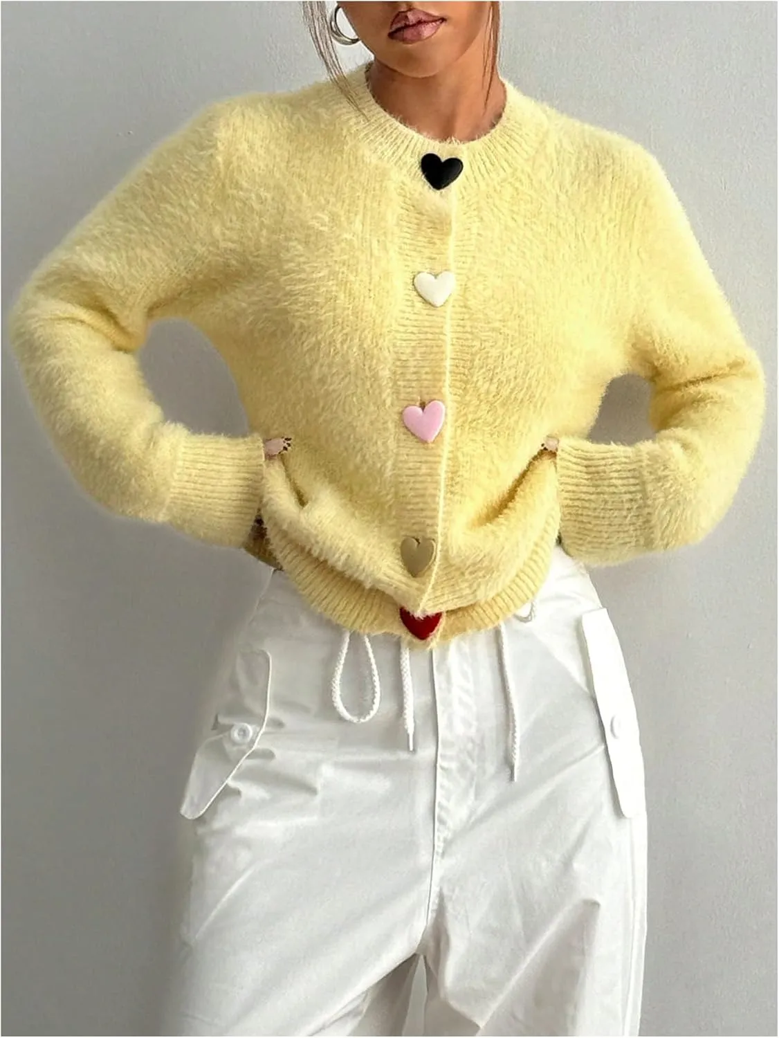 GORGLITTER Women's Heart Cardigan Fuzzy Long Sleeve Button Down Open Front Sweater Knitwear Top