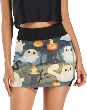 Halloween Ghost Women's Tennis Skirt with Pocket High Waisted Golf Athletic Activewear Skorts