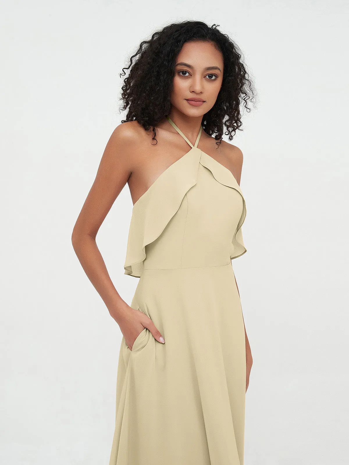 Halter Strap Chiffon Long Bridesmaid Dresses Champagne