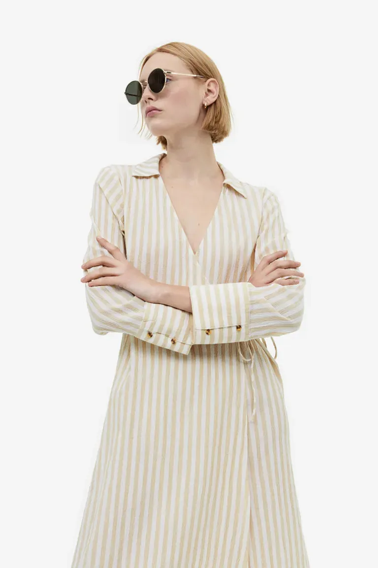 H&M wrap shirt dress, beige/stripe