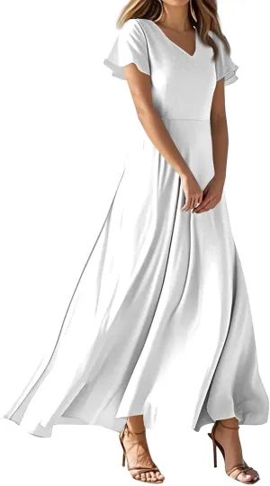 Hawaiian Dresses for Women Summer Casual Trendy Short Sleeve V-Neck Solid Color Flowy Boho Maxi Beach Dress, XS-2XL