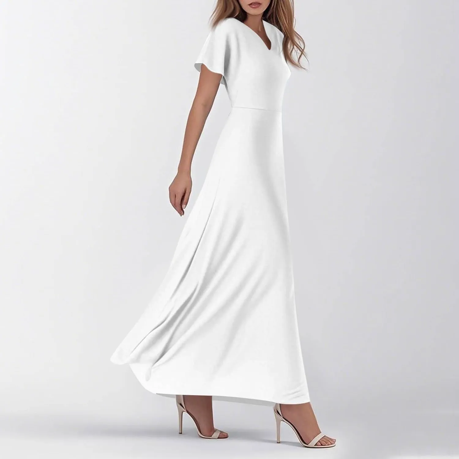 Hawaiian Dresses for Women Summer Casual Trendy Short Sleeve V-Neck Solid Color Flowy Boho Maxi Beach Dress, XS-2XL