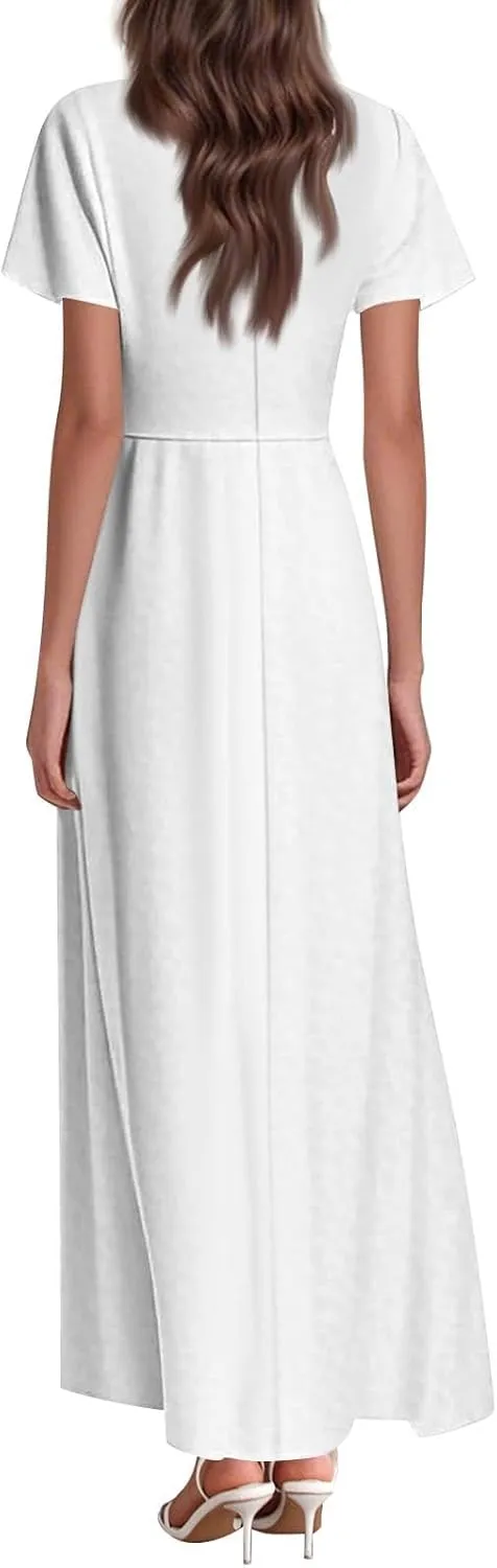 Hawaiian Dresses for Women Summer Casual Trendy Short Sleeve V-Neck Solid Color Flowy Boho Maxi Beach Dress, XS-2XL
