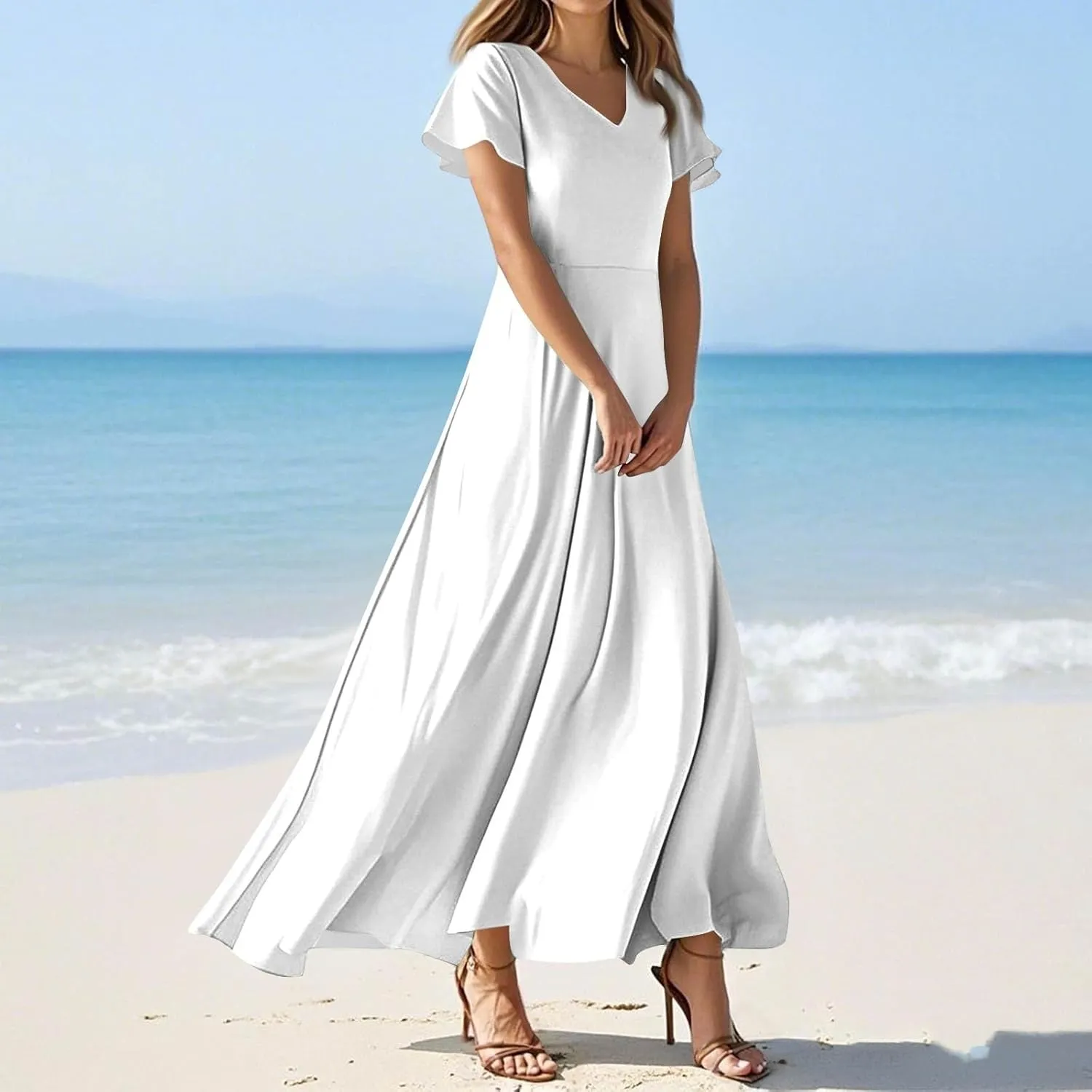 Hawaiian Dresses for Women Summer Casual Trendy Short Sleeve V-Neck Solid Color Flowy Boho Maxi Beach Dress, XS-2XL