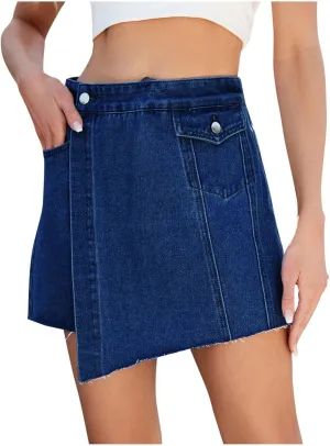 HGps8w Women's Denim Shorts Casual High Waisted Button Up Asymmetrical Jean Skort Skirt Mini Shorts with Pockets