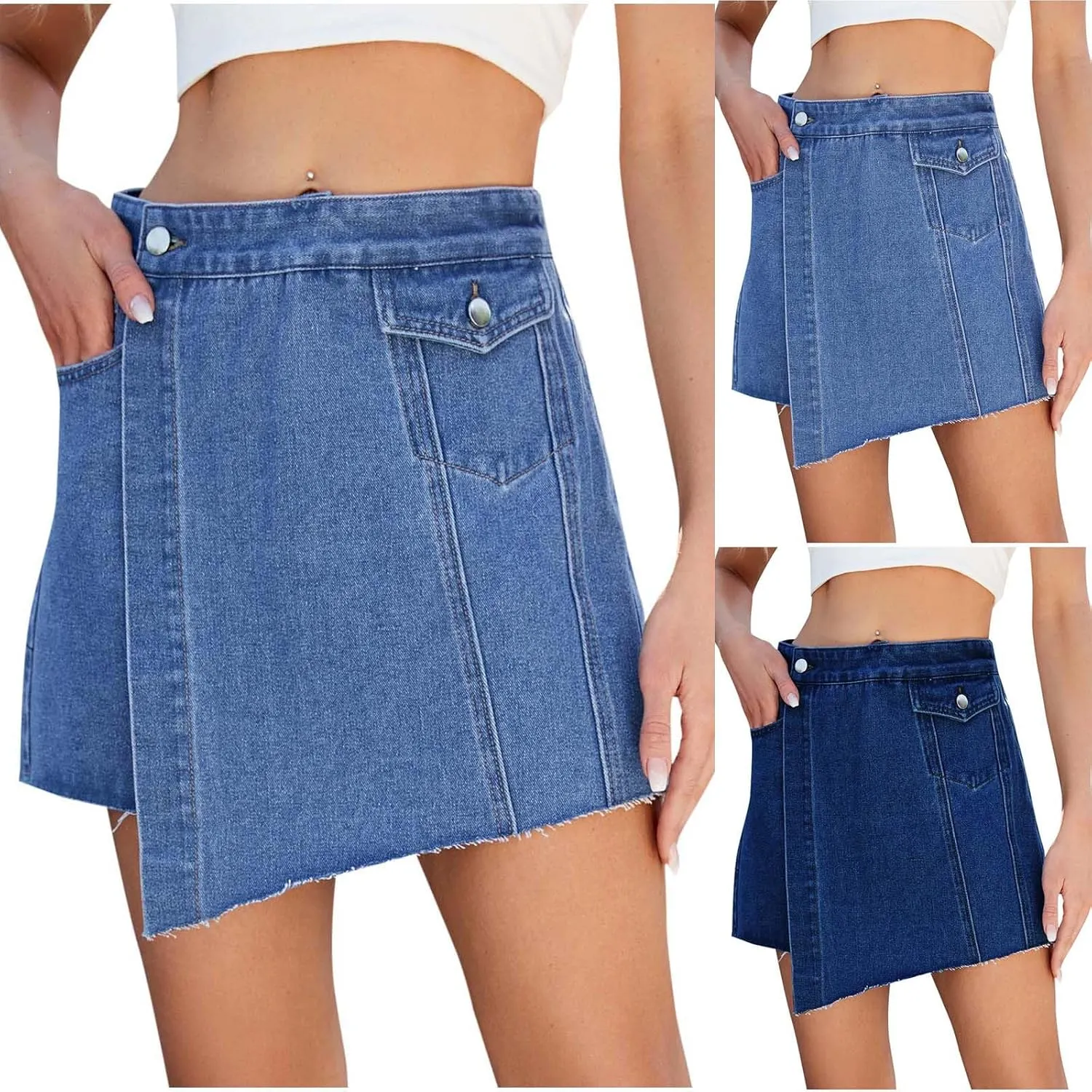 HGps8w Women's Denim Shorts Casual High Waisted Button Up Asymmetrical Jean Skort Skirt Mini Shorts with Pockets