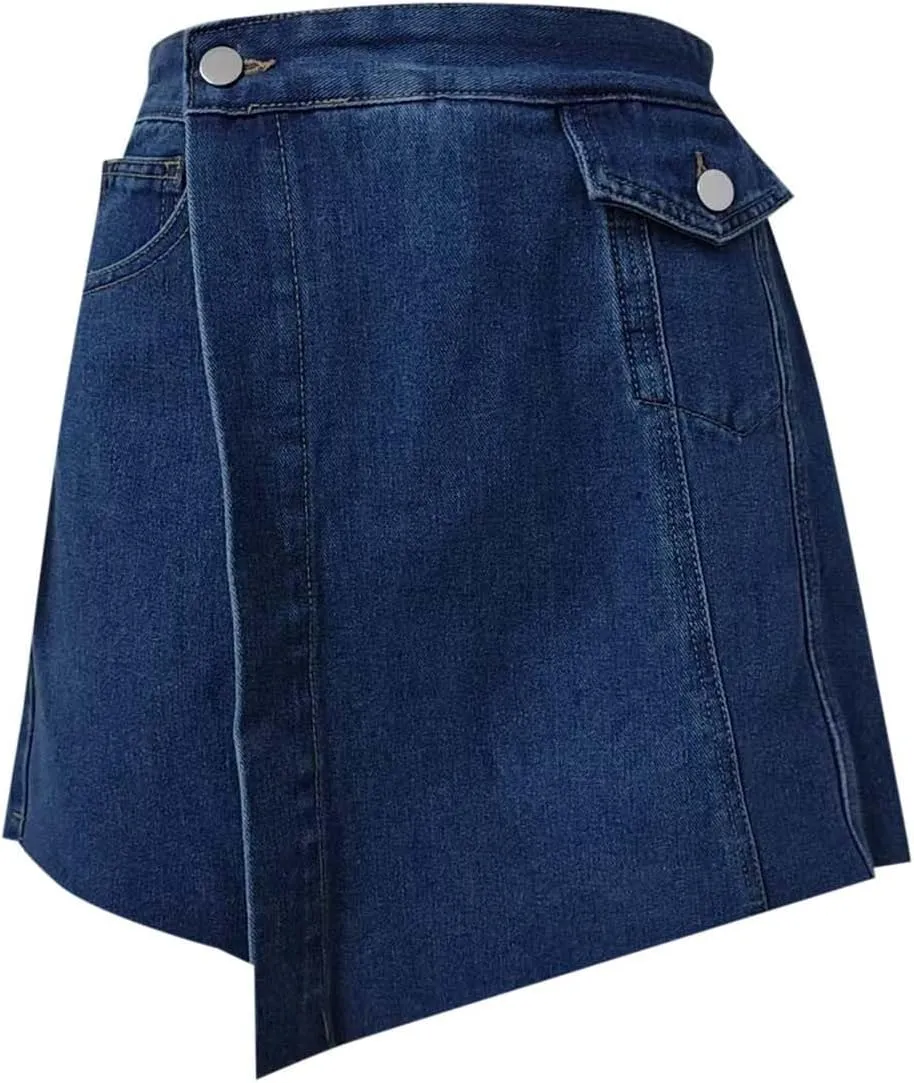 HGps8w Women's Denim Shorts Casual High Waisted Button Up Asymmetrical Jean Skort Skirt Mini Shorts with Pockets