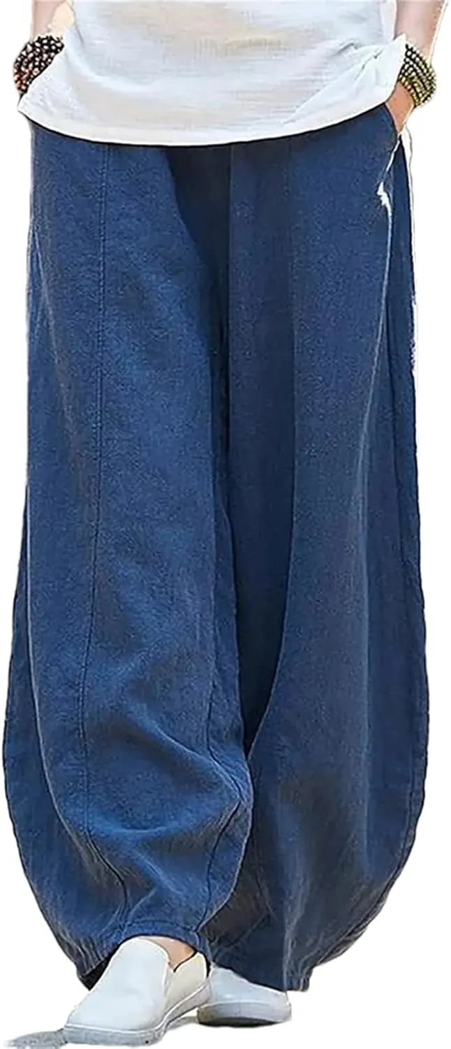 Hndudnff Womens Summer Loose-Fitting Wide Leg Bloomers Harem Pant Solid High Waisted Cotton Trousers
