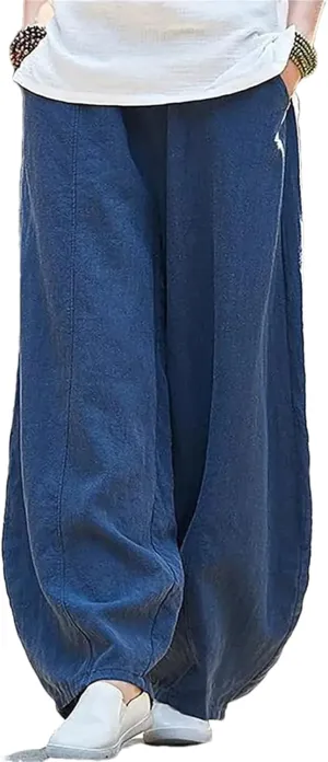 Hndudnff Womens Summer Loose-Fitting Wide Leg Bloomers Harem Pant Solid High Waisted Cotton Trousers
