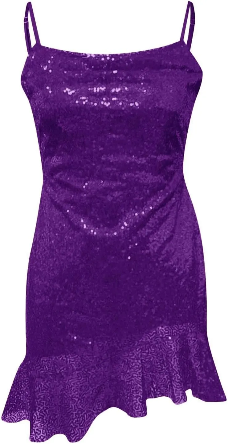 Homecoming Dress for Teens 2024 Irregular Ruffle Hem Sparkly Sequin Spaghetti Straps Short Prom Dresses Cocktail Gowns