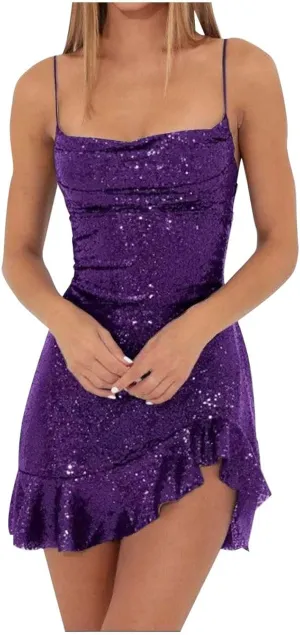 Homecoming Dress for Teens 2024 Irregular Ruffle Hem Sparkly Sequin Spaghetti Straps Short Prom Dresses Cocktail Gowns