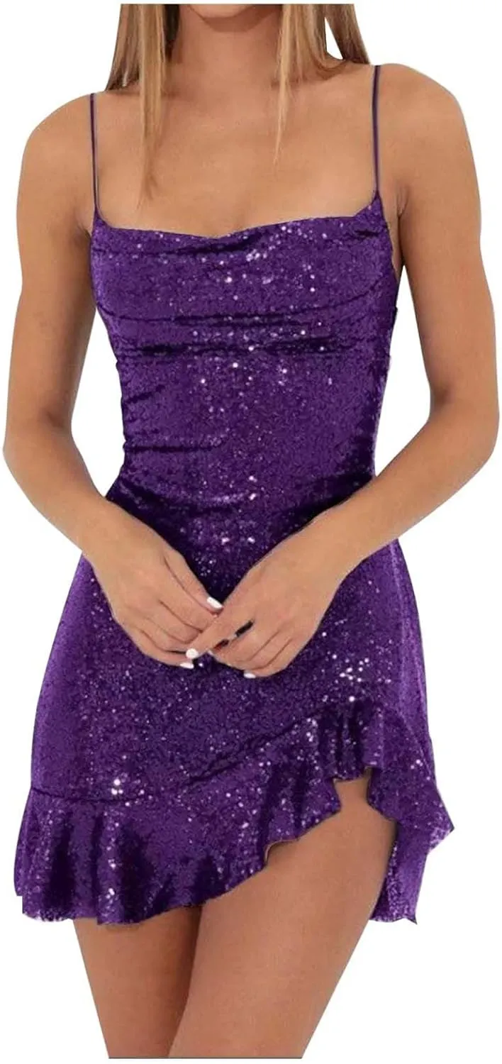 Homecoming Dress for Teens 2024 Irregular Ruffle Hem Sparkly Sequin Spaghetti Straps Short Prom Dresses Cocktail Gowns