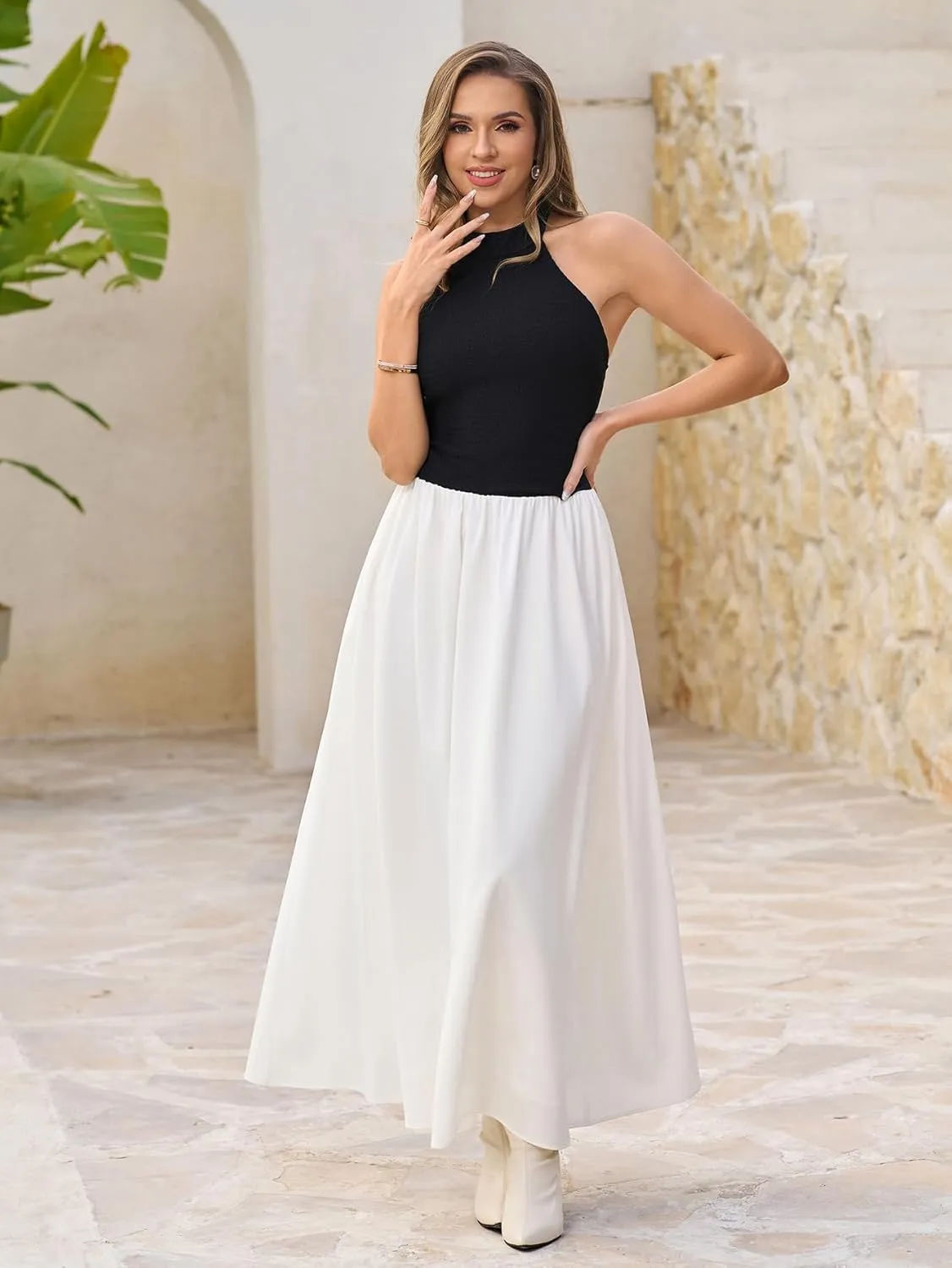 HTZMO Women Summer Casual Sleeveless Maxi Dresses 2025 Sexy Backless Halter Neck Patchwork Knit Sundress Flowy Long Dress