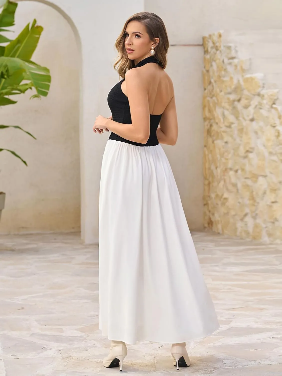 HTZMO Women Summer Casual Sleeveless Maxi Dresses 2025 Sexy Backless Halter Neck Patchwork Knit Sundress Flowy Long Dress