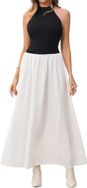HTZMO Women Summer Casual Sleeveless Maxi Dresses 2025 Sexy Backless Halter Neck Patchwork Knit Sundress Flowy Long Dress