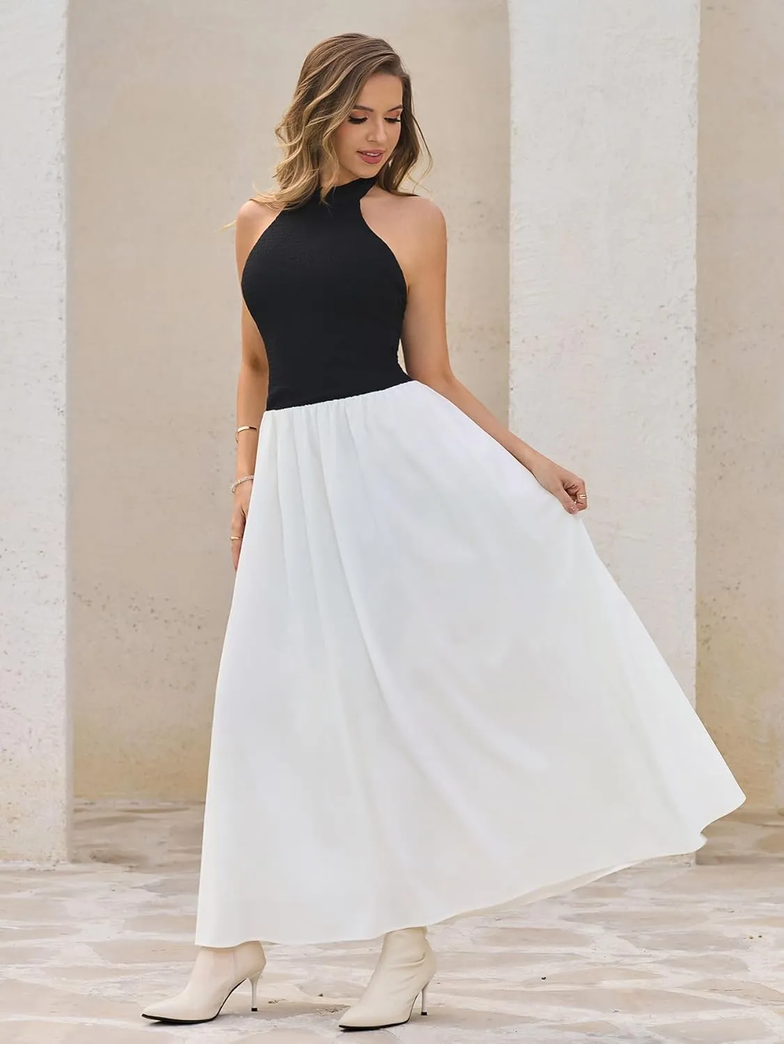 HTZMO Women Summer Casual Sleeveless Maxi Dresses 2025 Sexy Backless Halter Neck Patchwork Knit Sundress Flowy Long Dress
