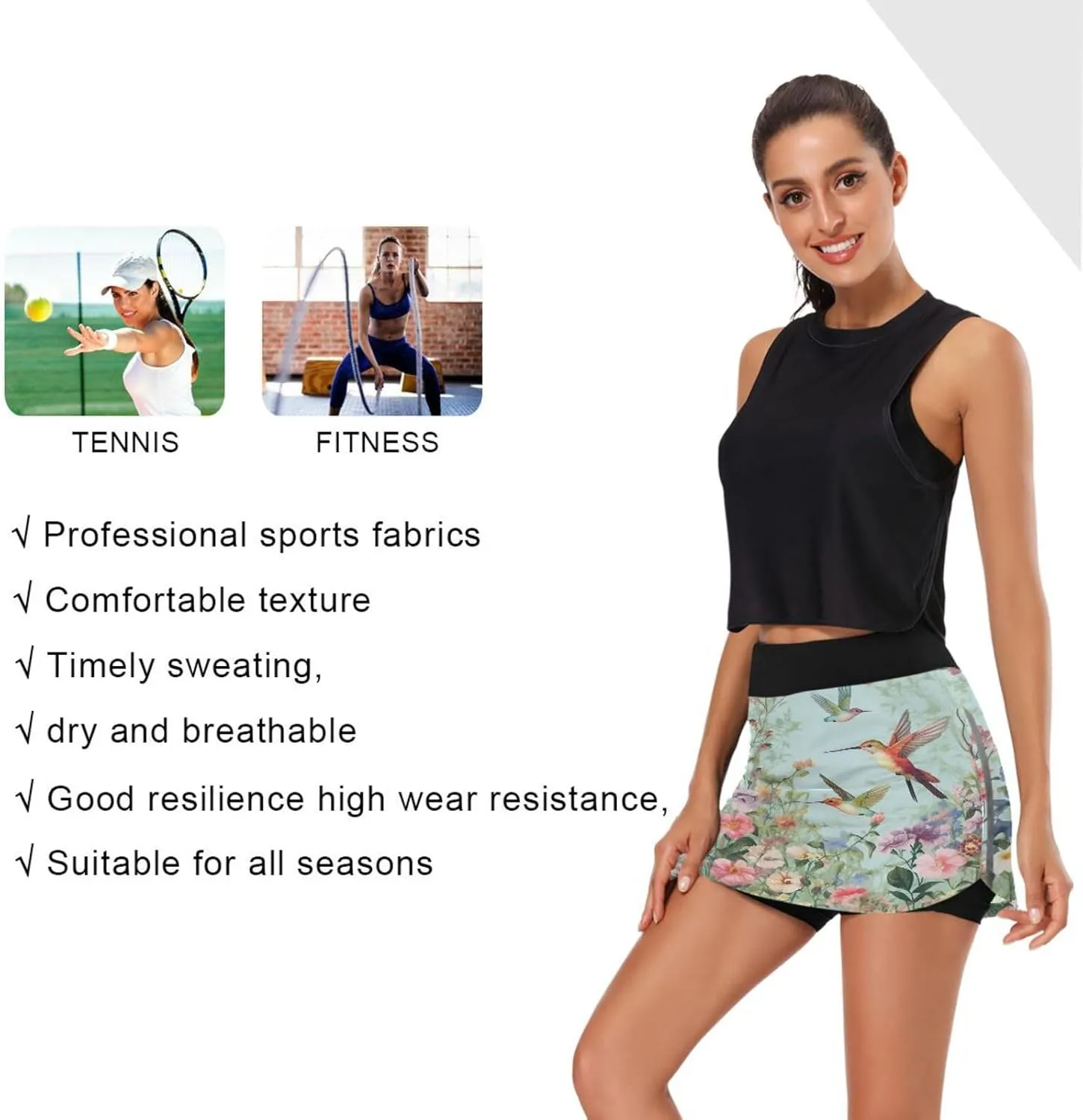 Hummingbirds Flower Women's Tennis Skirt with Pocket High Waisted Golf Athletic Activewear Skorts