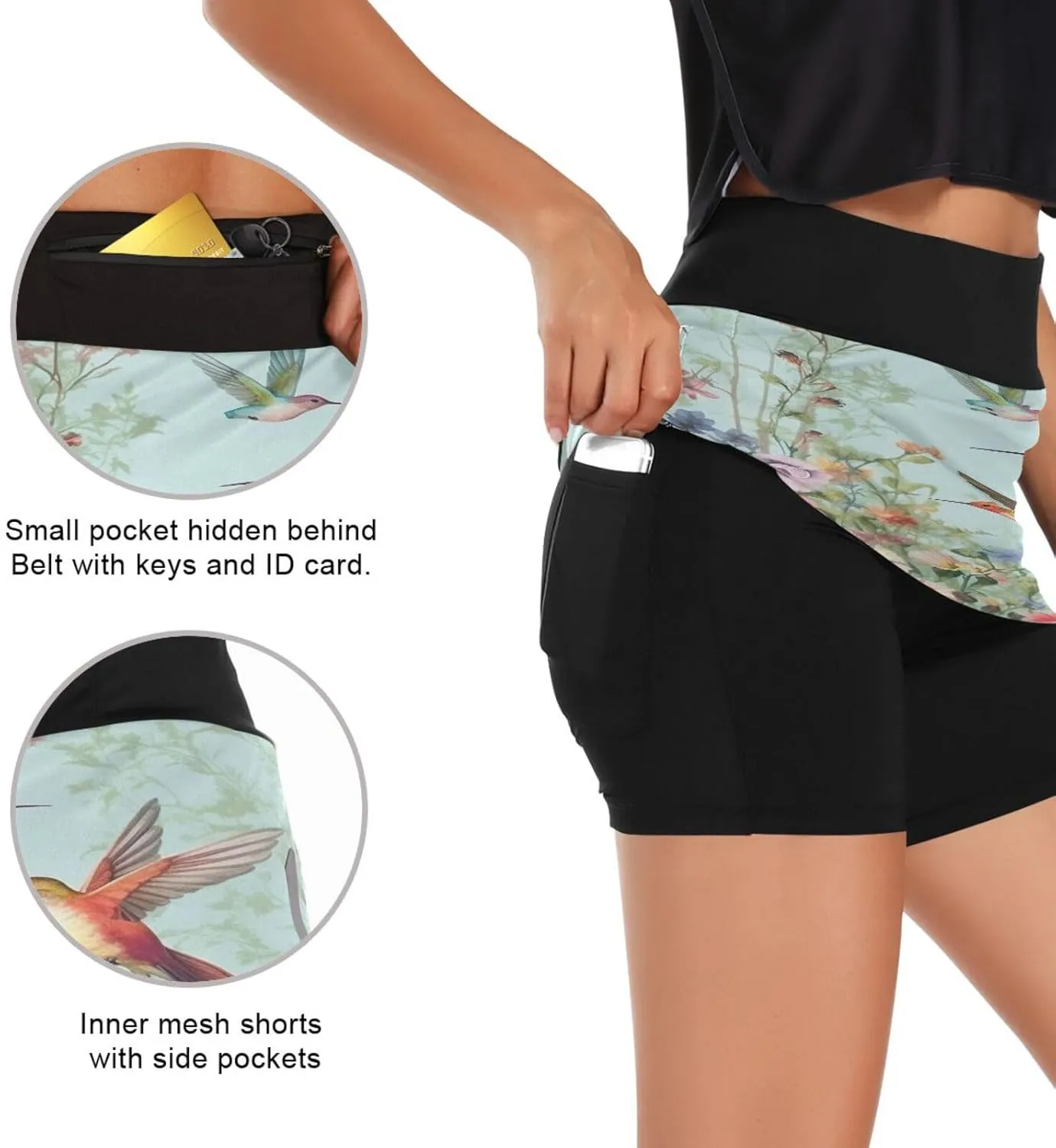 Hummingbirds Flower Women's Tennis Skirt with Pocket High Waisted Golf Athletic Activewear Skorts