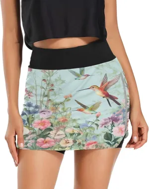 Hummingbirds Flower Women's Tennis Skirt with Pocket High Waisted Golf Athletic Activewear Skorts