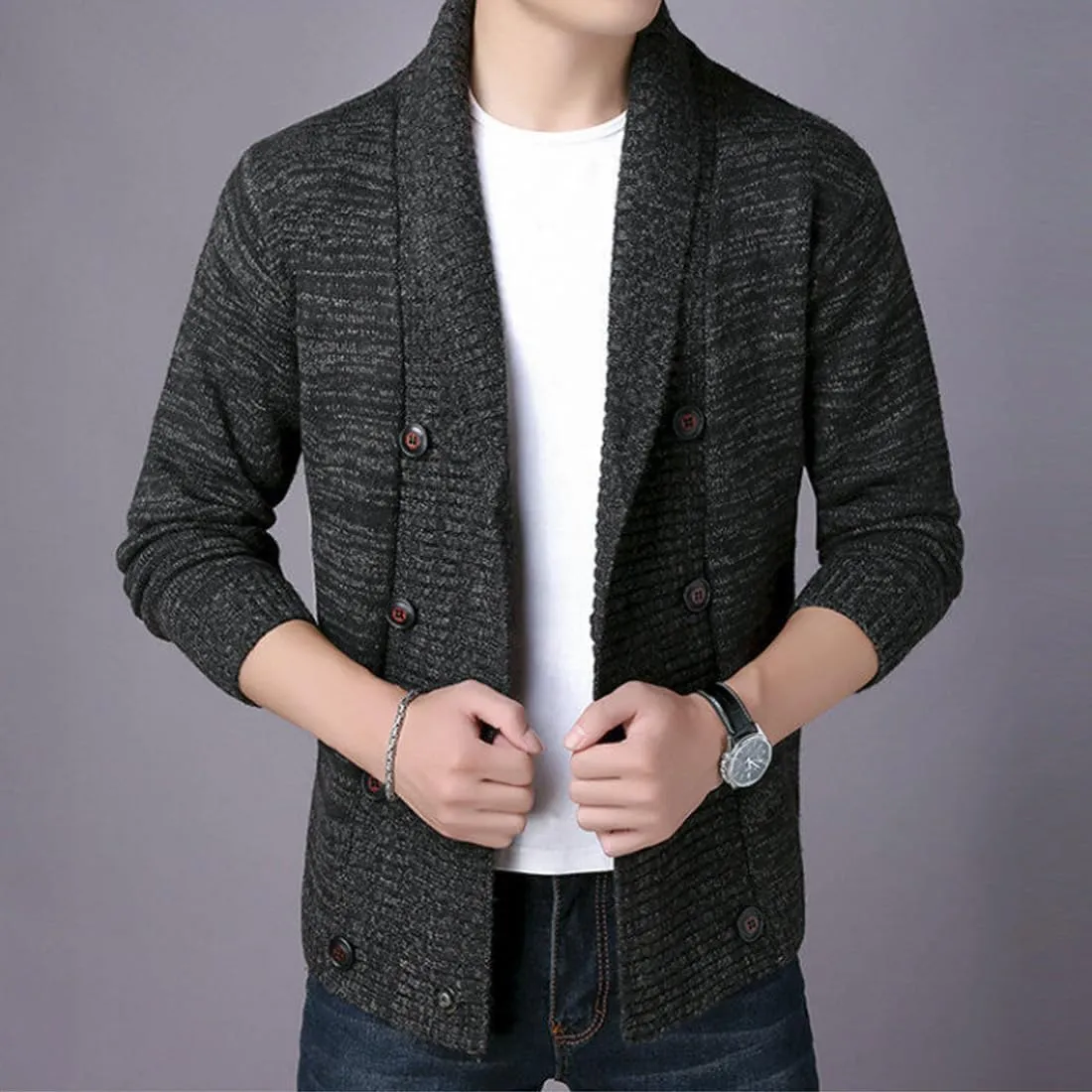 HZCX FASHION Mens Cardigan Shawl Collar Double Breasted Cable Knit Fall Sweater