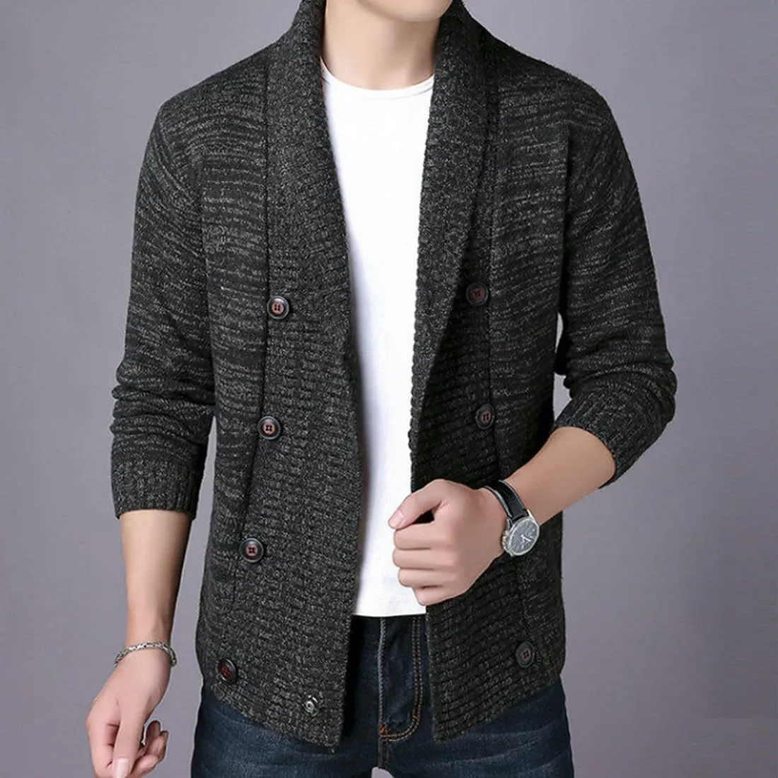 HZCX FASHION Mens Cardigan Shawl Collar Double Breasted Cable Knit Fall Sweater
