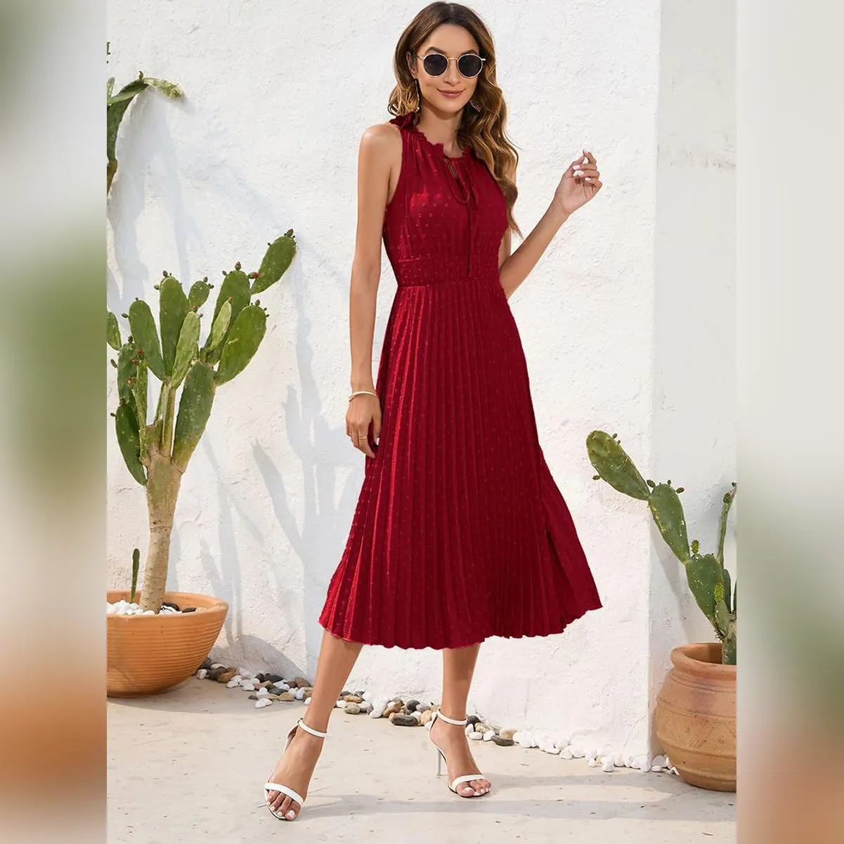 IDOPIP Women Summer Casual Pleated Midi Dress 2024 Tie Neck Swiss Dot Swing Dress Formal Shirred Waist Wedding Guest Dress