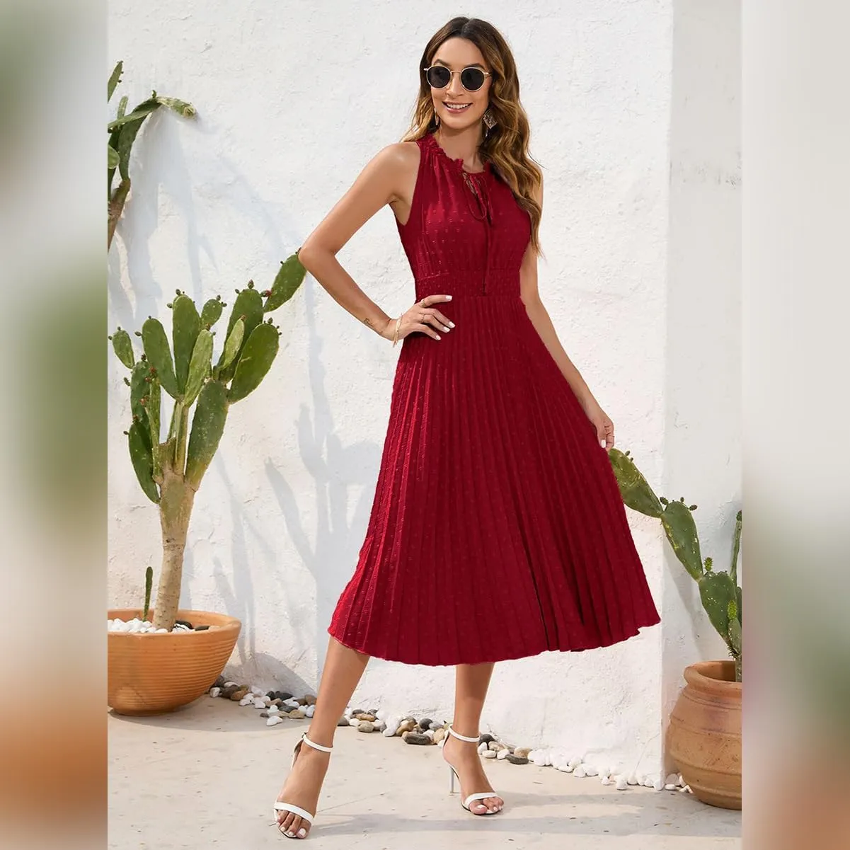 IDOPIP Women Summer Casual Pleated Midi Dress 2024 Tie Neck Swiss Dot Swing Dress Formal Shirred Waist Wedding Guest Dress