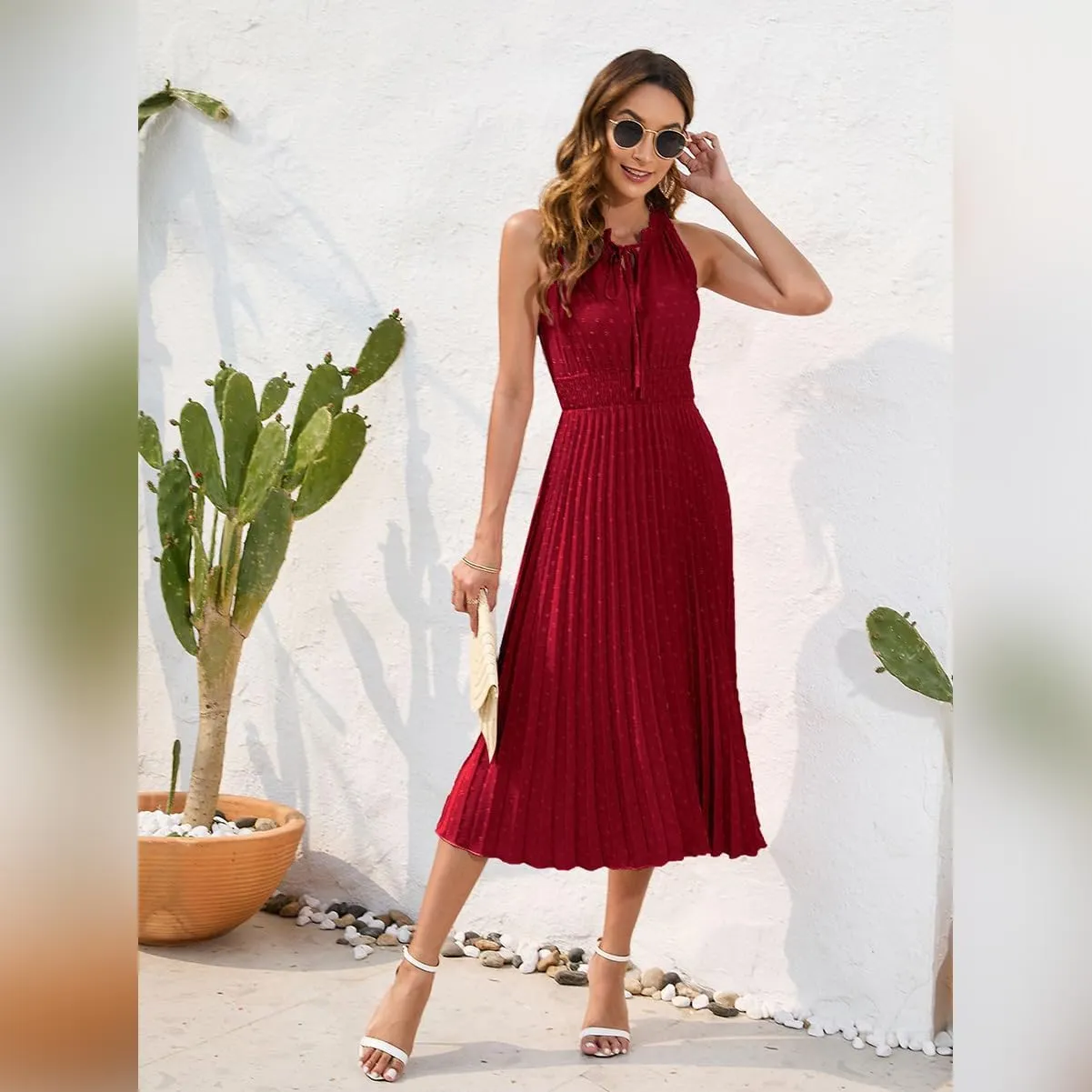 IDOPIP Women Summer Casual Pleated Midi Dress 2024 Tie Neck Swiss Dot Swing Dress Formal Shirred Waist Wedding Guest Dress