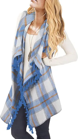 Inorin Womens Sleeveless Plaid Asymmetrical Hem Tassel Drape Open Front Cardigan Vest