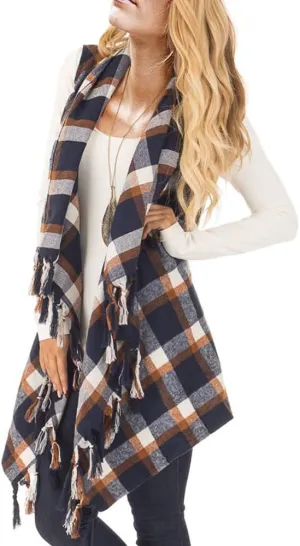 Inorin Womens Sleeveless Plaid Asymmetrical Hem Tassel Drape Open Front Cardigan Vest