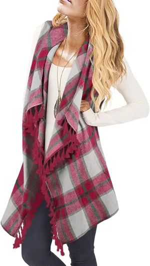 Inorin Womens Sleeveless Plaid Asymmetrical Hem Tassel Drape Open Front Cardigan Vest