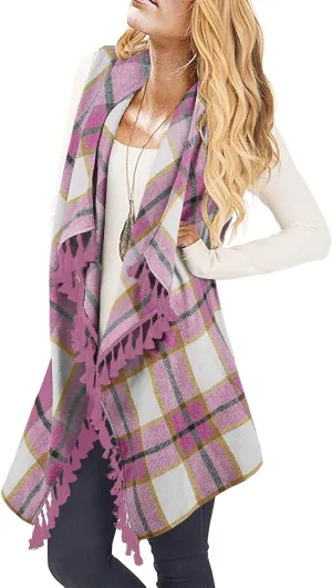 Inorin Womens Sleeveless Plaid Asymmetrical Hem Tassel Drape Open Front Cardigan Vest