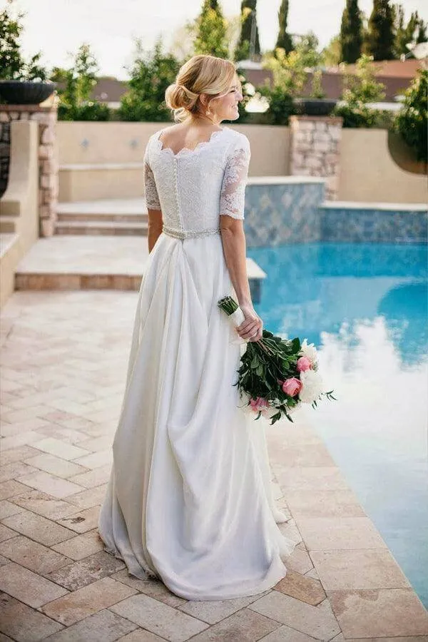 Ivory Chiffon Lace A-line Beaded Half Sleeves Wedding Dresses, Bridal Gown, SW621
