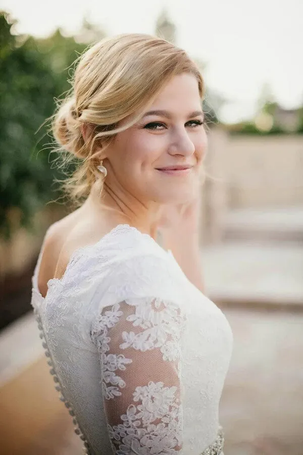 Ivory Chiffon Lace A-line Beaded Half Sleeves Wedding Dresses, Bridal Gown, SW621