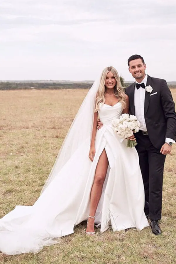 Ivory Satin A-line Sweetheart Thigh Slit Wedding Dresses With Court train, SW473