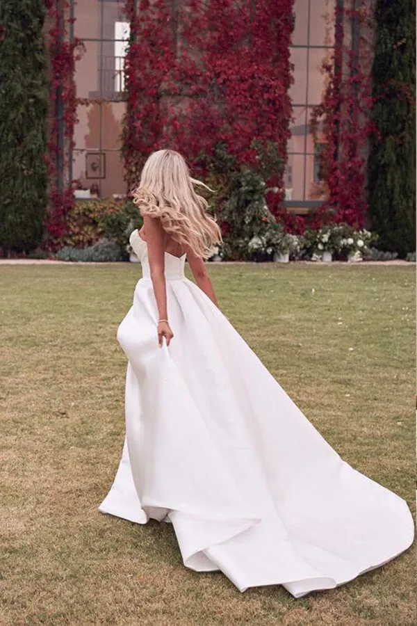 Ivory Satin A-line Sweetheart Thigh Slit Wedding Dresses With Court train, SW473