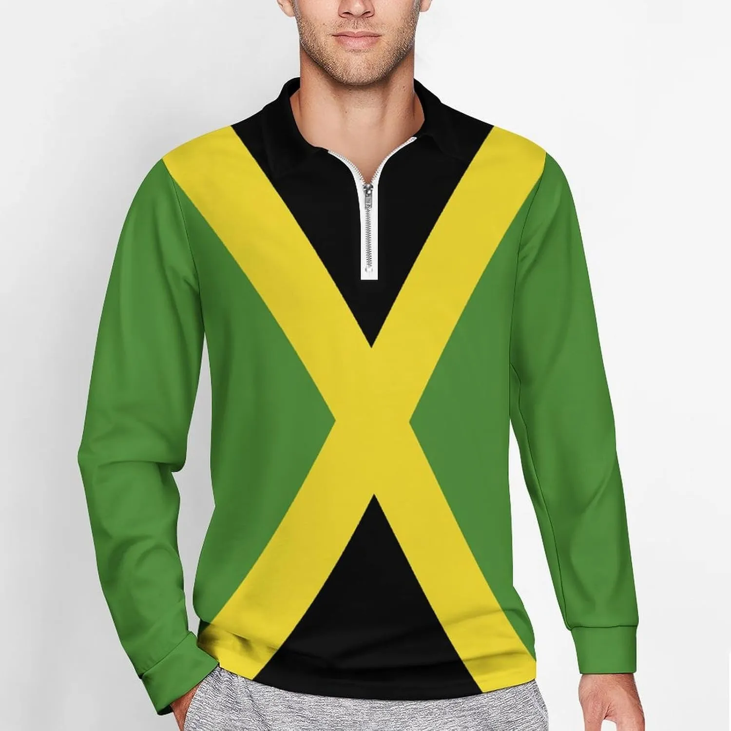 Jamaica Flag Mens Long Sleeve Classic Polo- Shirts Unique Polo- Shirts Office Work Shirts for Men