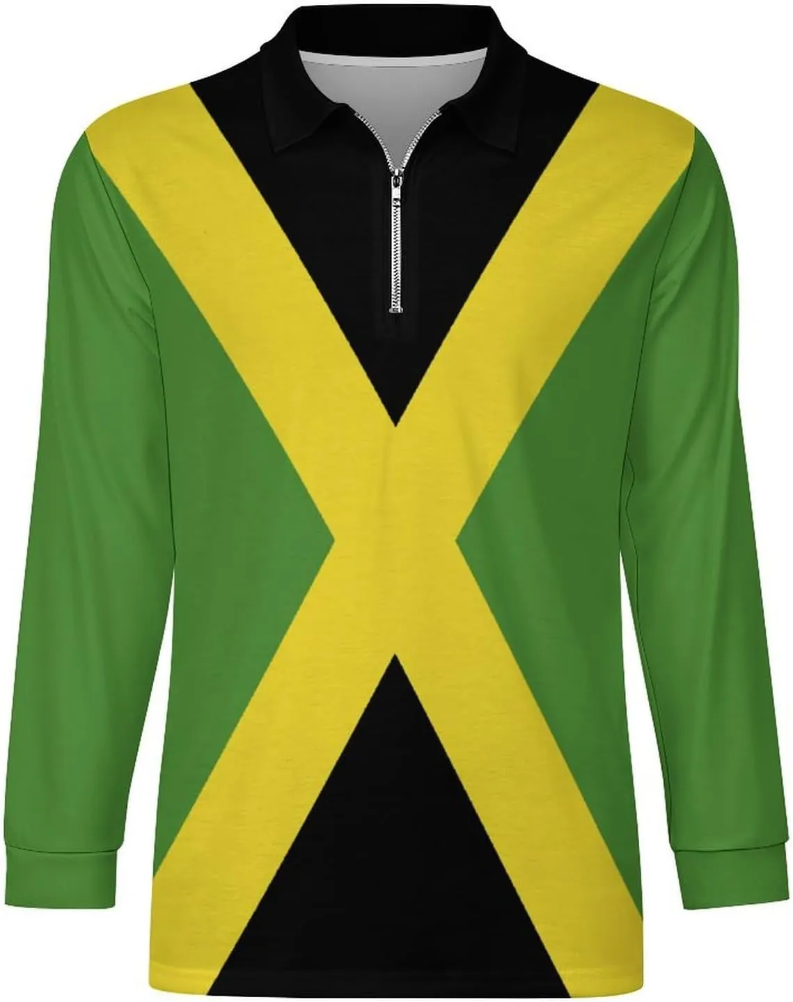 Jamaica Flag Mens Long Sleeve Classic Polo- Shirts Unique Polo- Shirts Office Work Shirts for Men