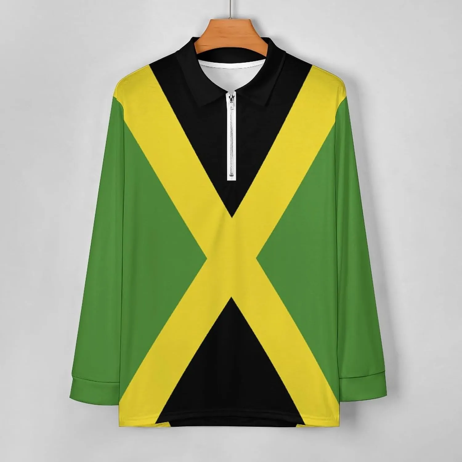 Jamaica Flag Mens Long Sleeve Classic Polo- Shirts Unique Polo- Shirts Office Work Shirts for Men