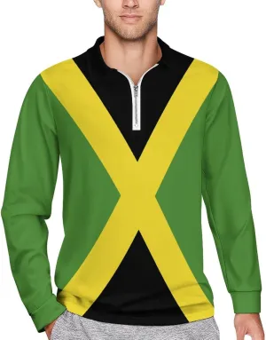Jamaica Flag Mens Long Sleeve Classic Polo- Shirts Unique Polo- Shirts Office Work Shirts for Men