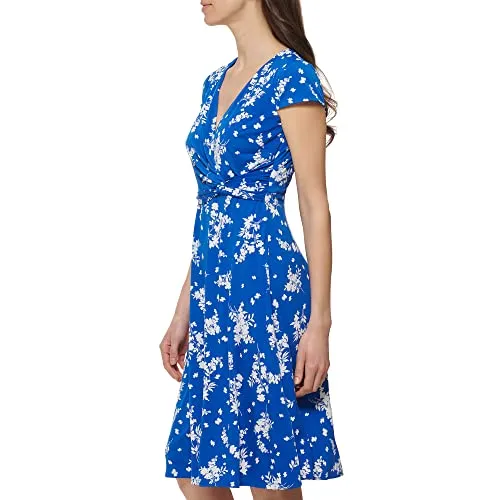 Jessica Howard Women's Printed Knit Jersey Fit & Flare Cap Sleevee-Desk to Dinner, Royal, 24 Plus
