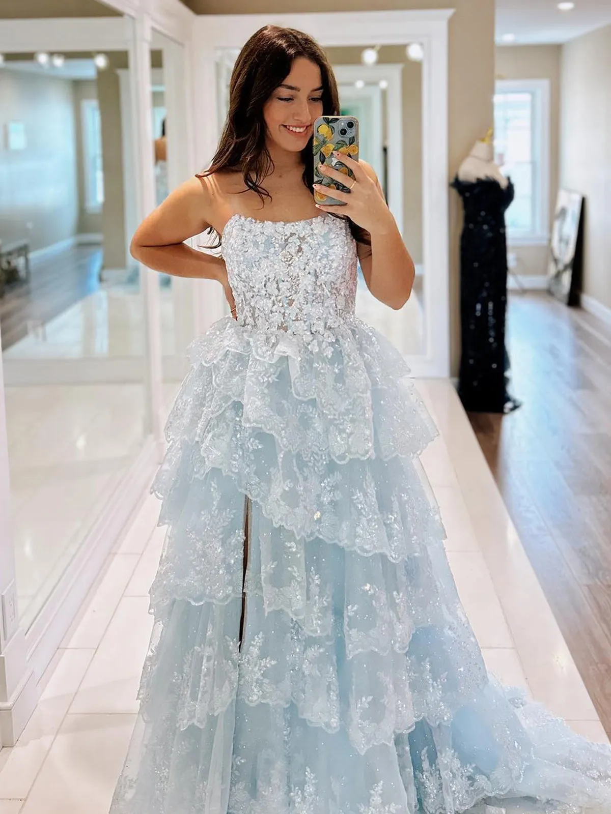Kaisa | Sky Blue A Line Strapless Ruffle Sequin Lace Prom Dresses