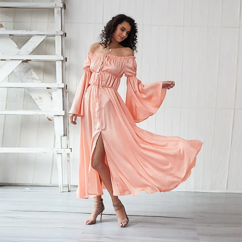 KittenAlarm - Ladies Fashion Strapless Ruffle elastic long Sleeve waist elastic front slit Dress party dress