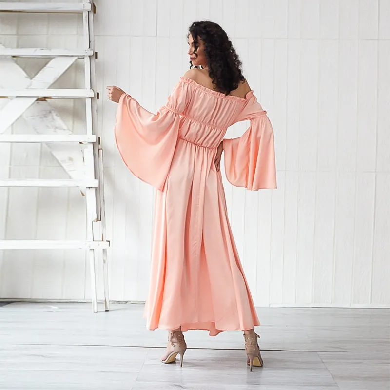 KittenAlarm - Ladies Fashion Strapless Ruffle elastic long Sleeve waist elastic front slit Dress party dress